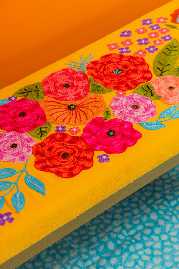 Yellow Embroidered Floral Bench with Iron Legs