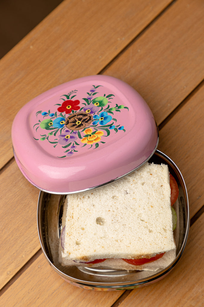 Hand Painted Pink Floral Sandwich Tin