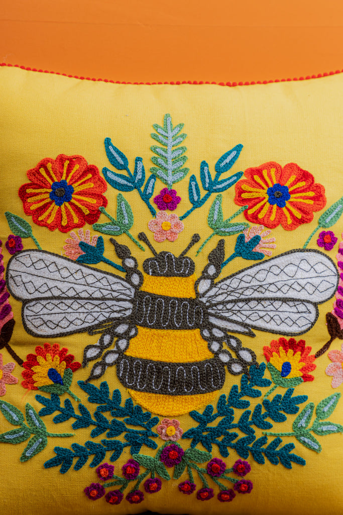 Yellow Bee Embroidered Cotton Cushion Cover