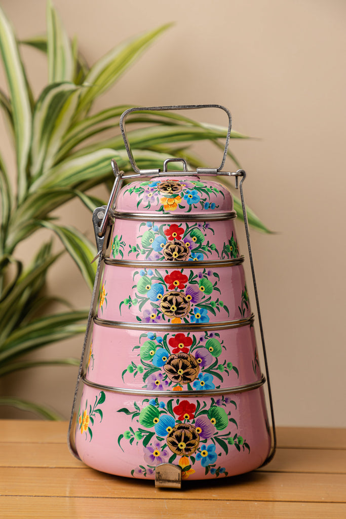 Hand Painted Pink Floral 4 Tier Lunch Box