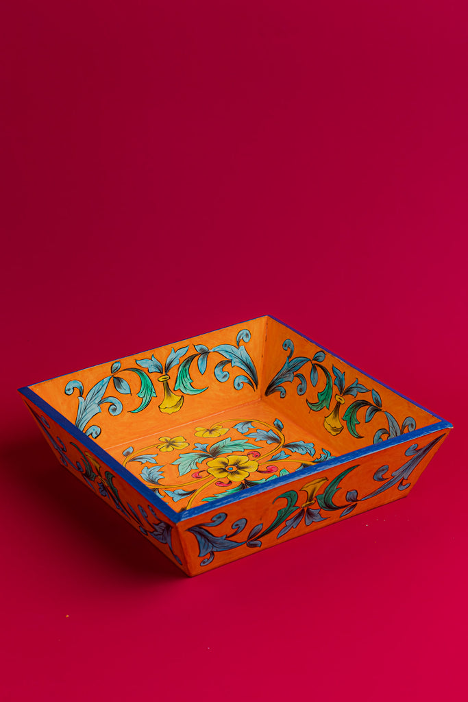Orange Wooden Tray with Blue Pottery Work