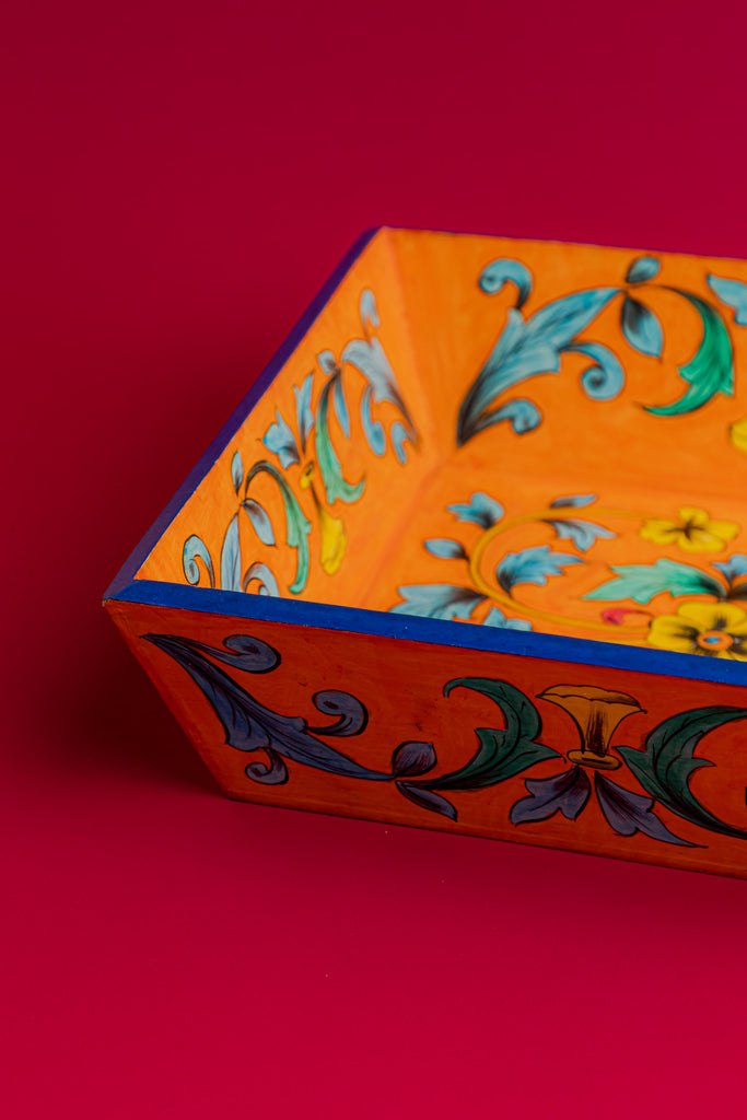 Orange Wooden Tray with Blue Pottery Work