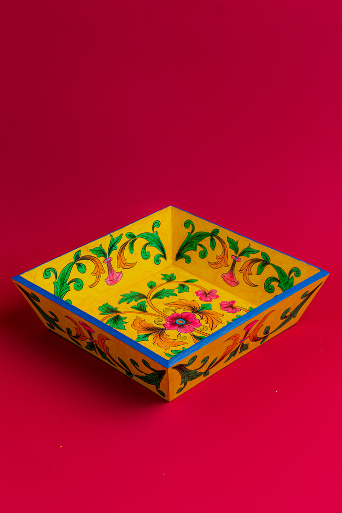 Yellow Wooden Tray with Blue Pottery Work