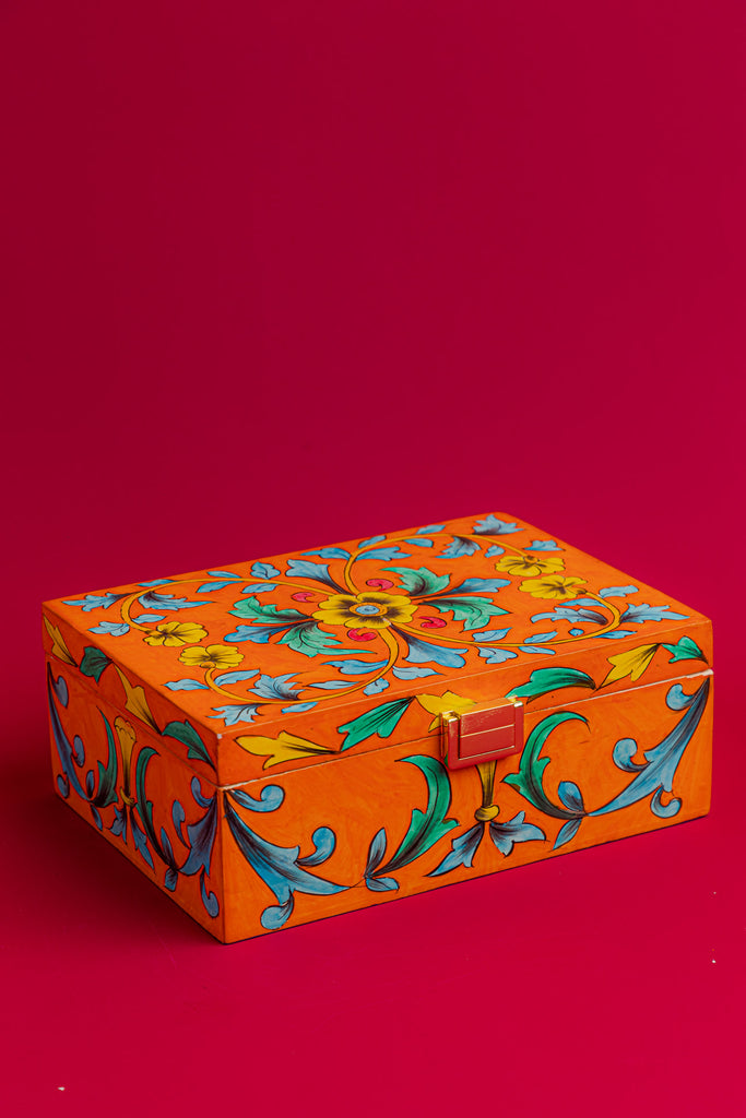 Orange Wooden Jewellery Box with Blue Pottery Work