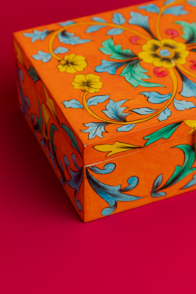 Orange Wooden Jewellery Box with Blue Pottery Work
