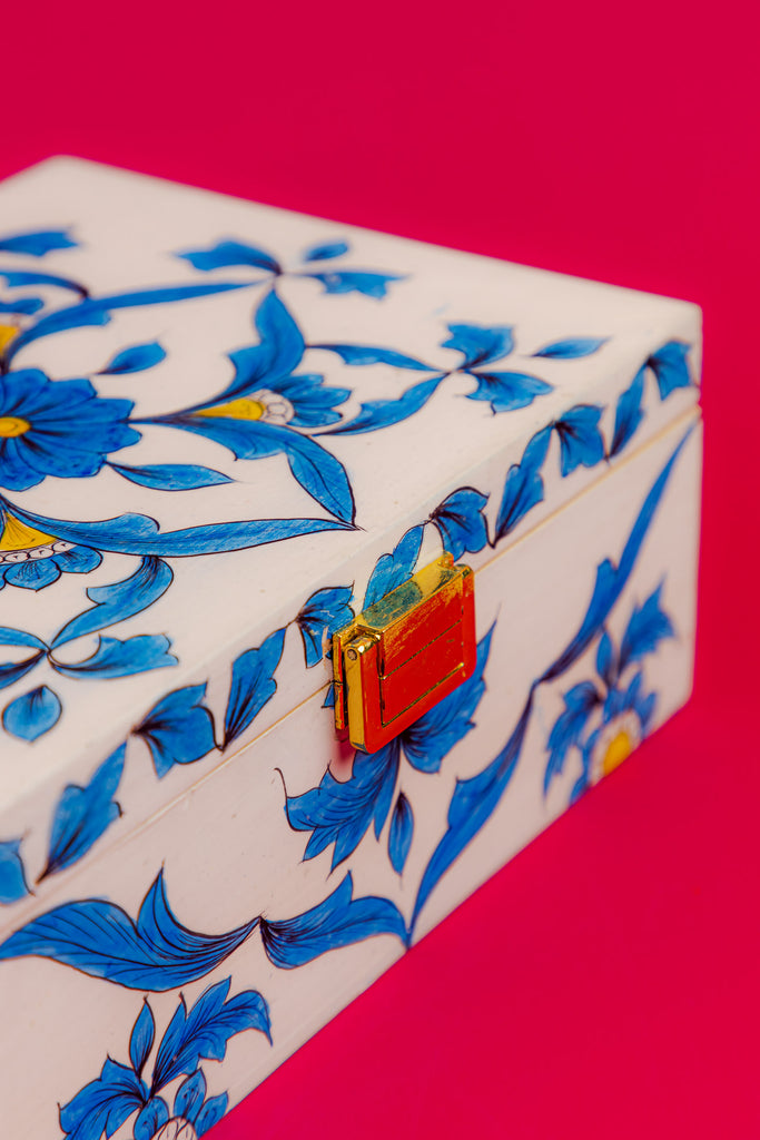White Wooden Jewellery Box with Blue Pottery Work