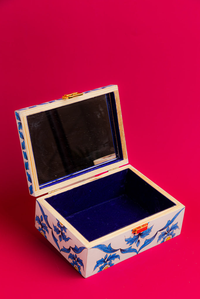 White Wooden Jewellery Box with Blue Pottery Work