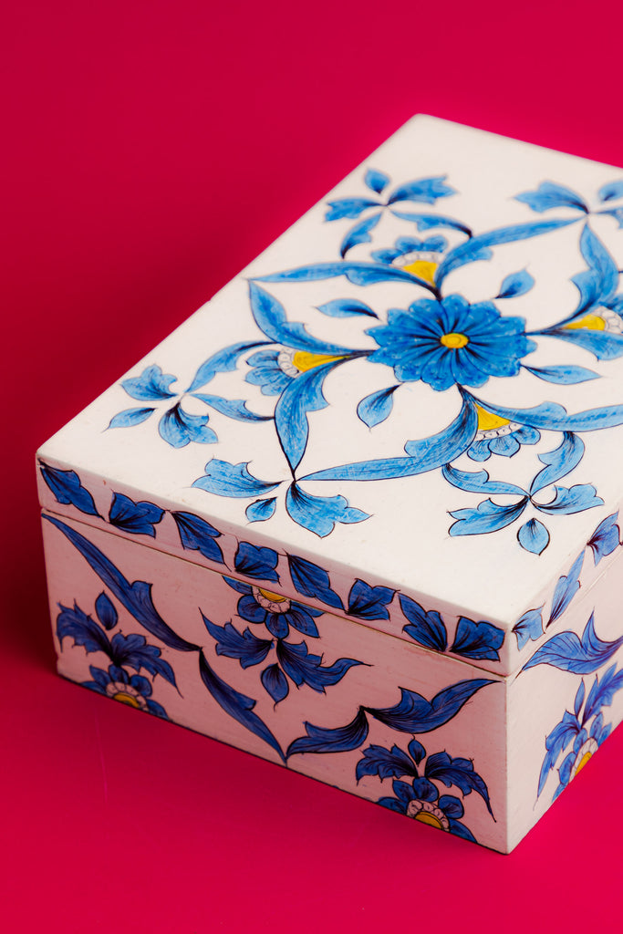 Blue & White Wooden Jewellery Box with Blue Pottery Work