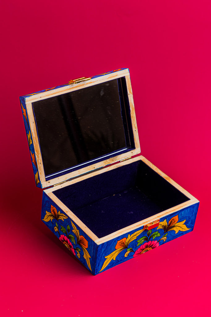 Blue Wooden Jewellery Box with Blue Pottery Work