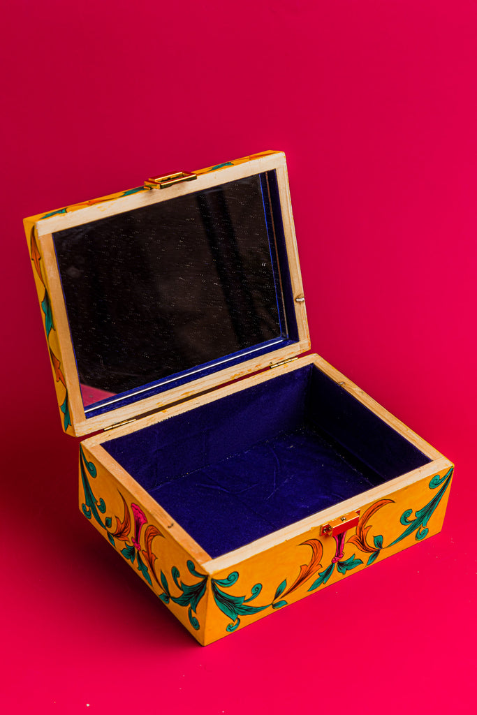 Yellow Wooden Jewellery Box with Blue Pottery Work