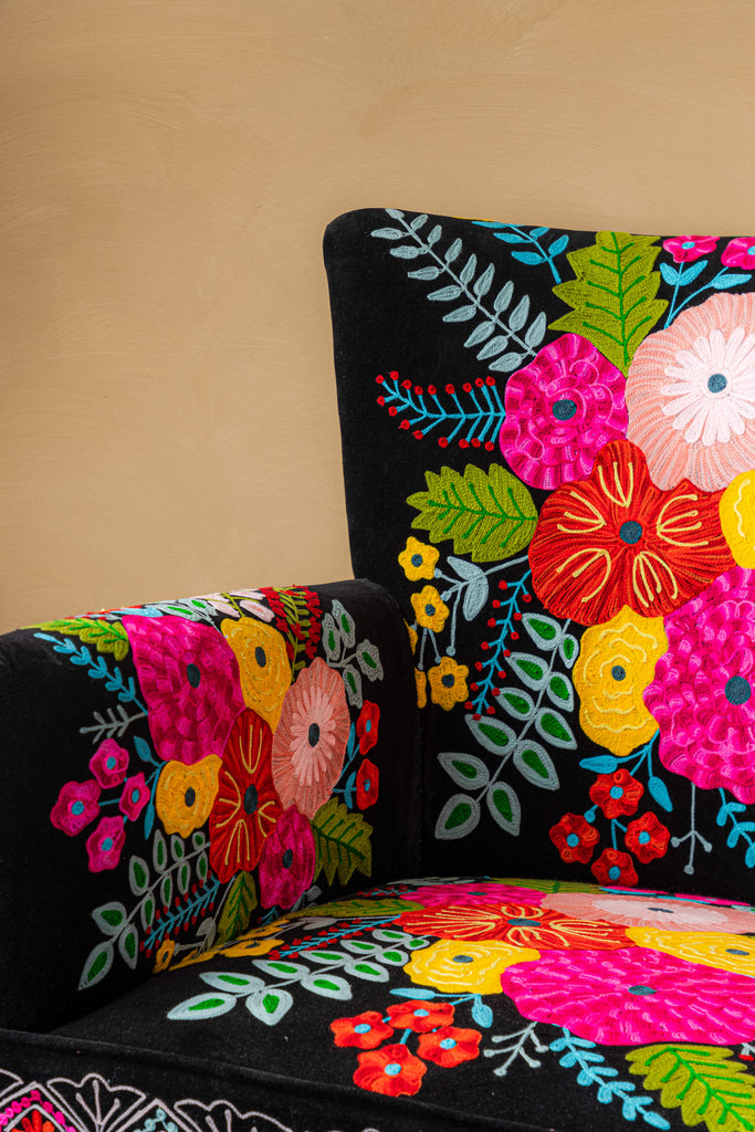 Black Embroidered Floral Armchair