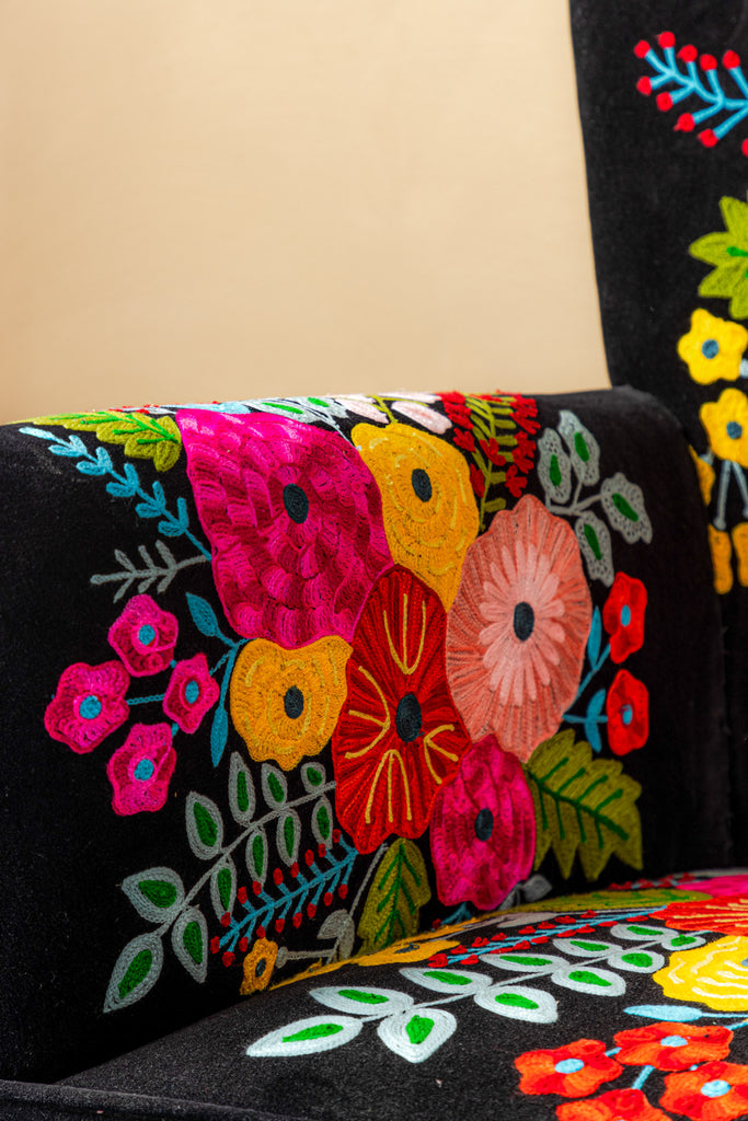 Black Embroidered Floral Armchair