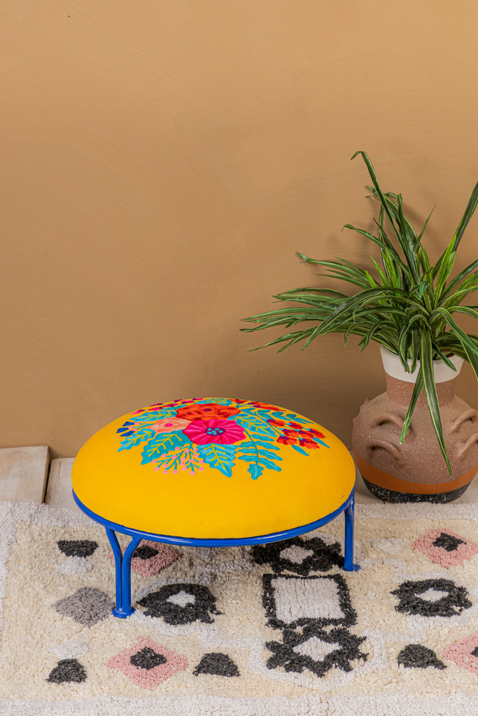 Embroidered Yellow Floral Velvet Iron Foot Stool
