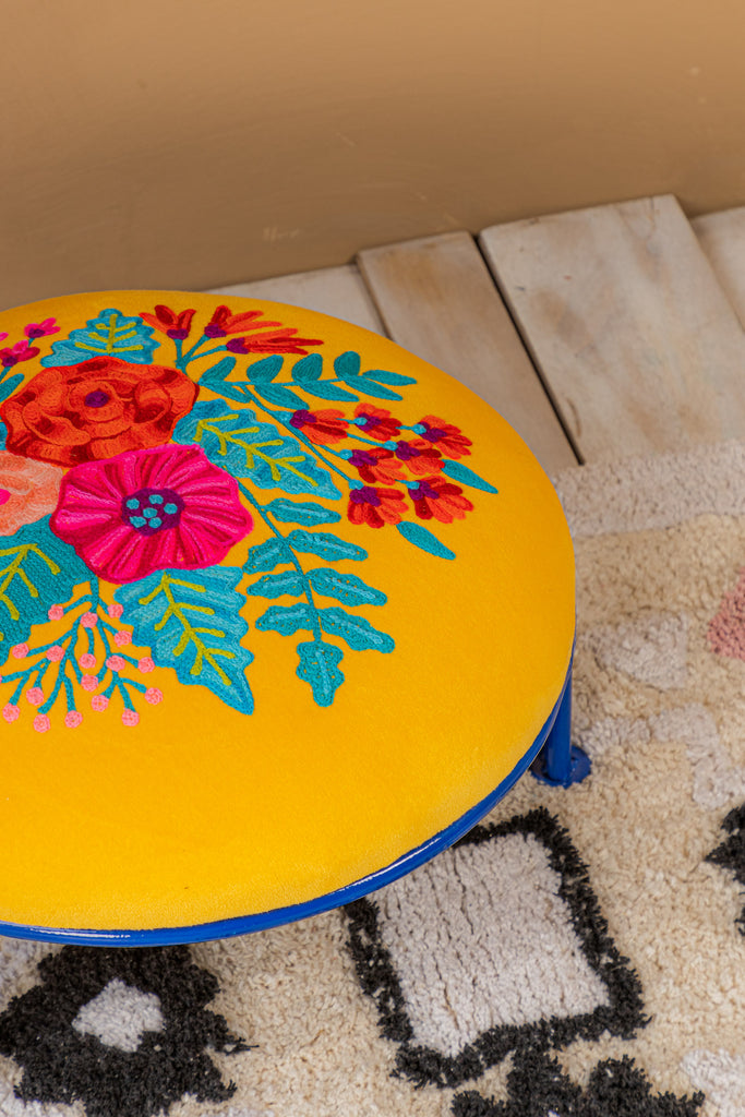 Embroidered Yellow Floral Velvet Iron Foot Stool