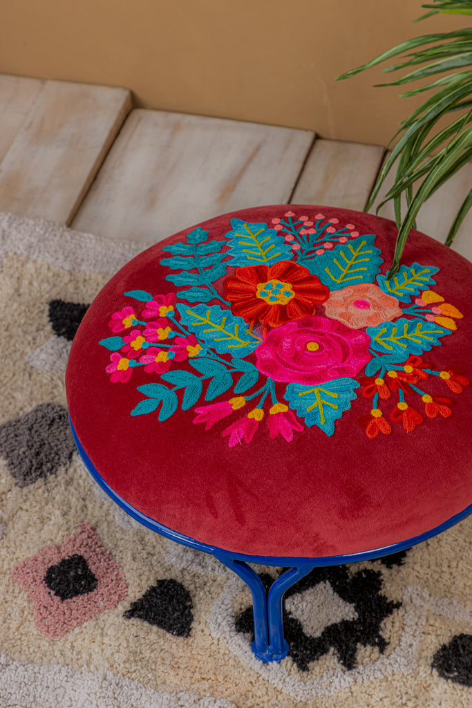 Elegant and Luxurious: Embroidered Red Floral Velvet Iron Foot Stool - Enhance Your Décor with Opulence