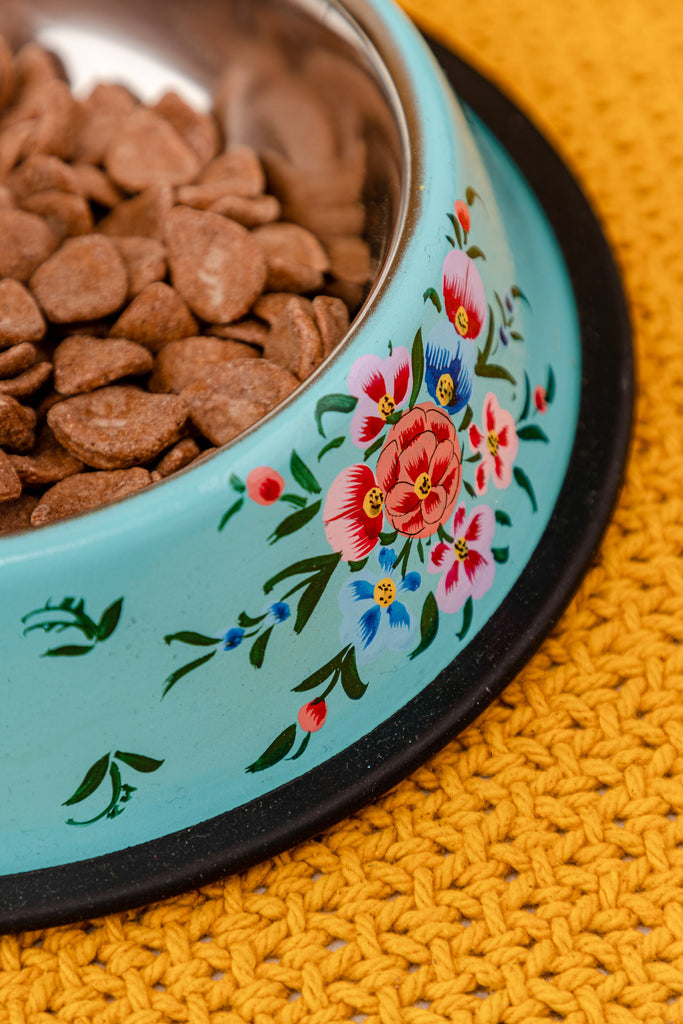 Hand Painted Turquoise Floral Pet Bowl
