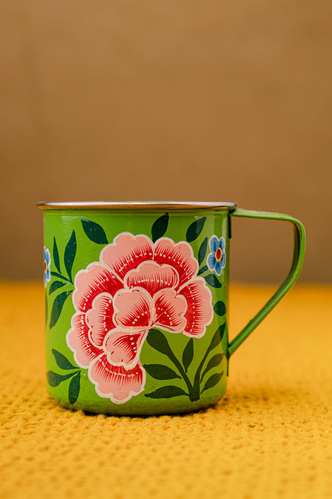 Hand Painted Green Floral Stainless Steel Mug