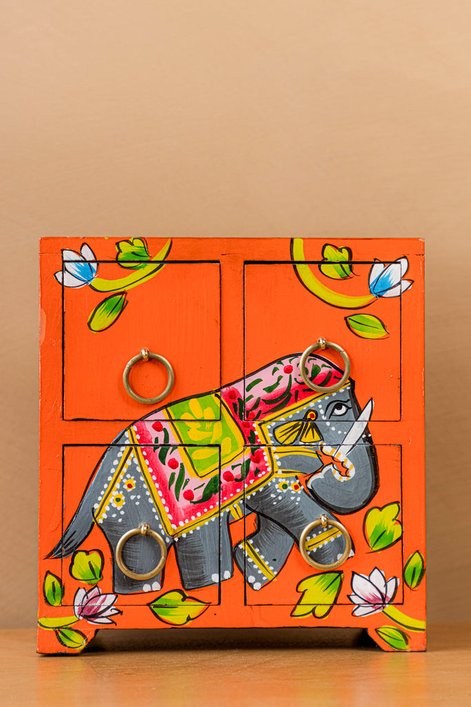 Orange Elephant  Hand Painted Wooden Chest with 4 Drawers