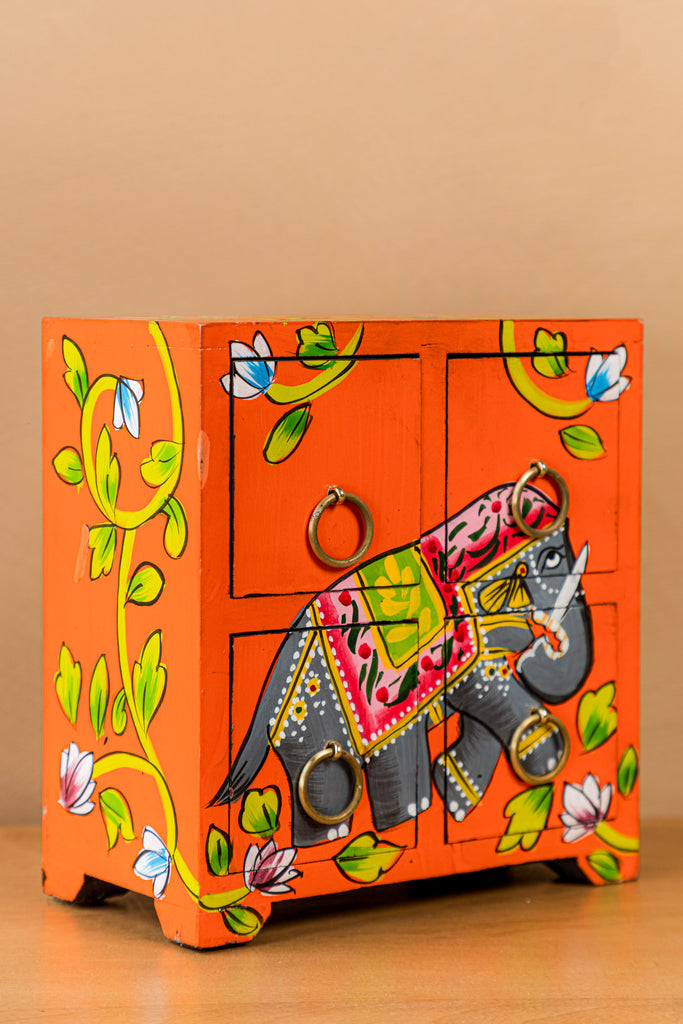 Orange Elephant  Hand Painted Wooden Chest with 4 Drawers