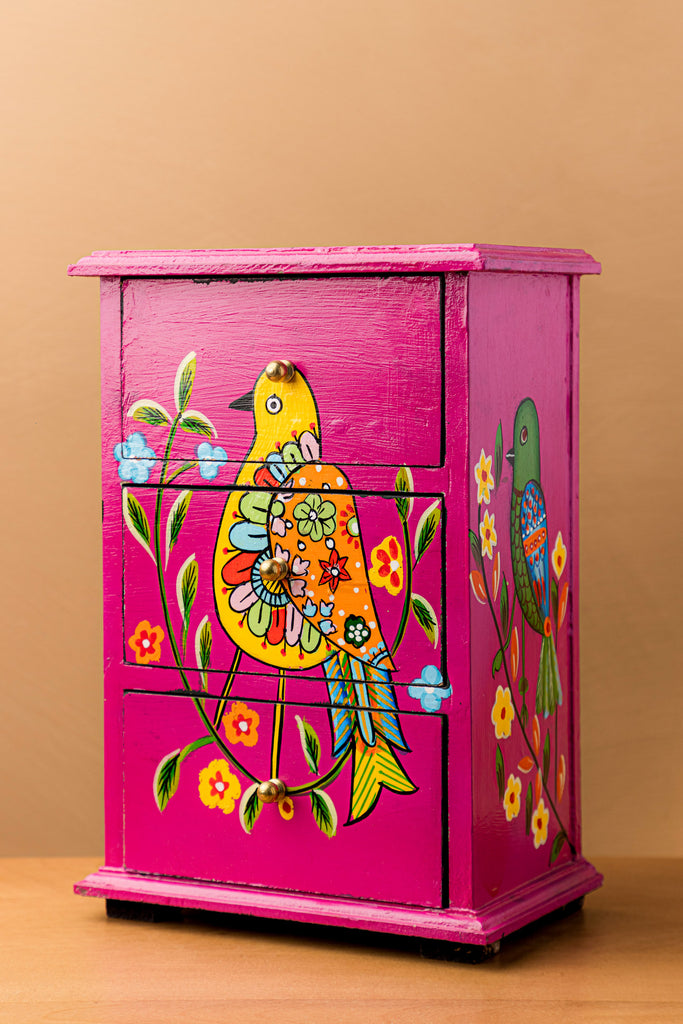 Pink Bird Hand Painted Wooden Chest with 3 Drawers