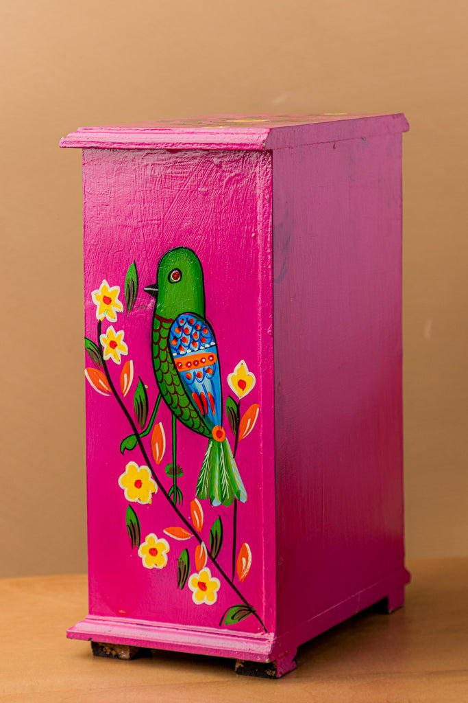 Pink Bird Hand Painted Wooden Chest with 3 Drawers