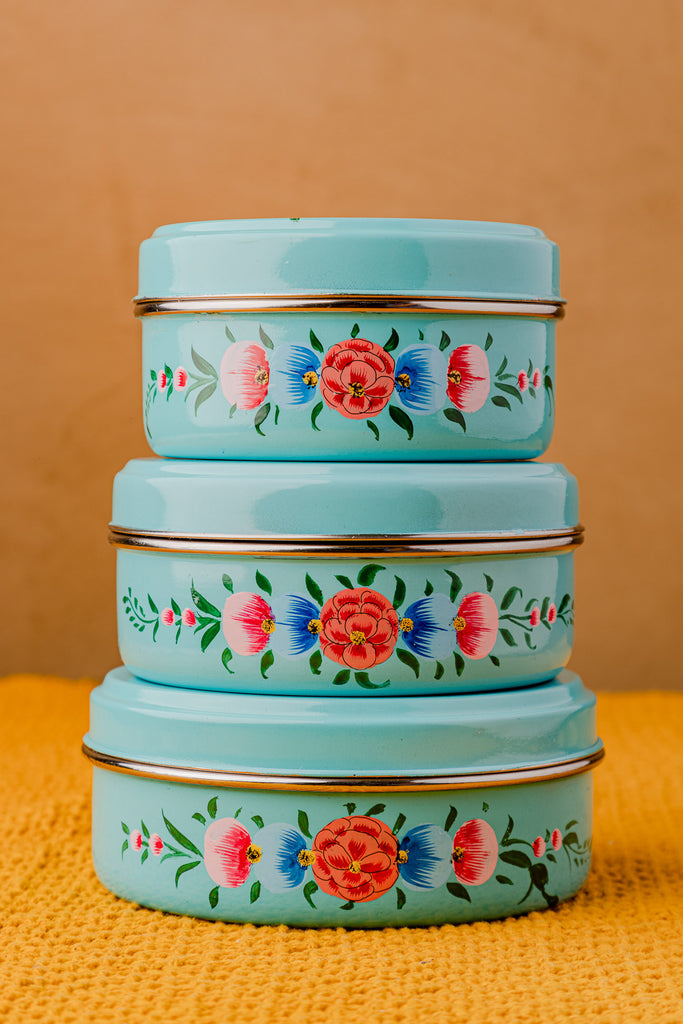 Hand Painted Turquoise Floral Stainless Steel Round Container - Set of 3