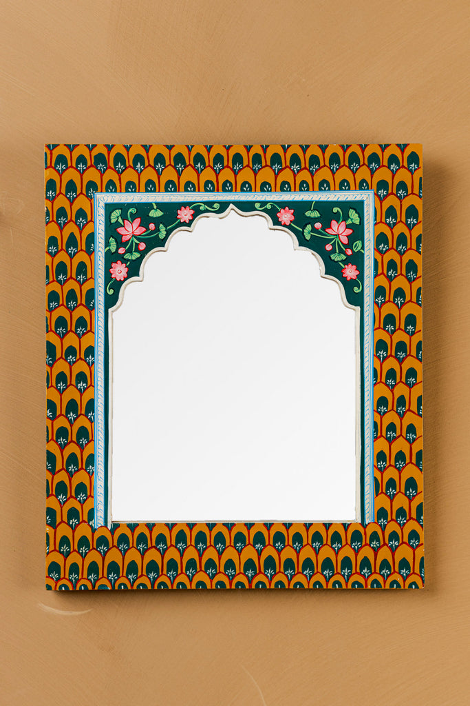 Lotus Hand Painted Mandir Wooden Mirror