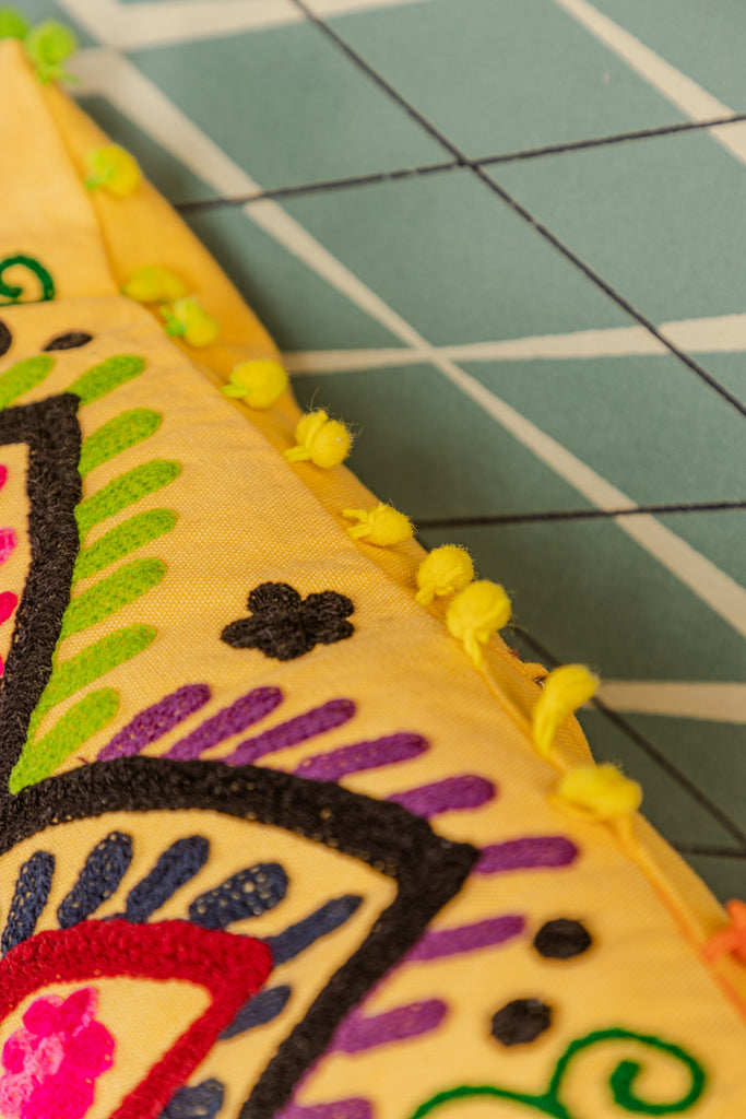 Yellow Hand Embroidered Cotton Cushion Cover