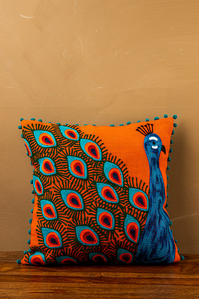 Orange Peacock Embroidered Cotton  Cushion Cover