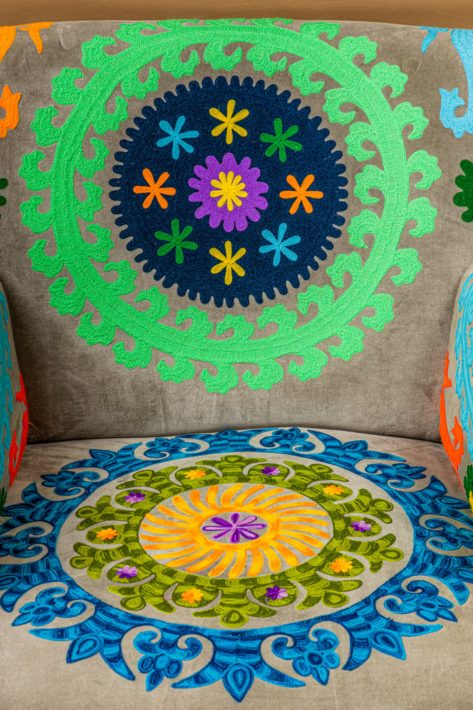 Multi Colour Embroidered Velvet Armchair