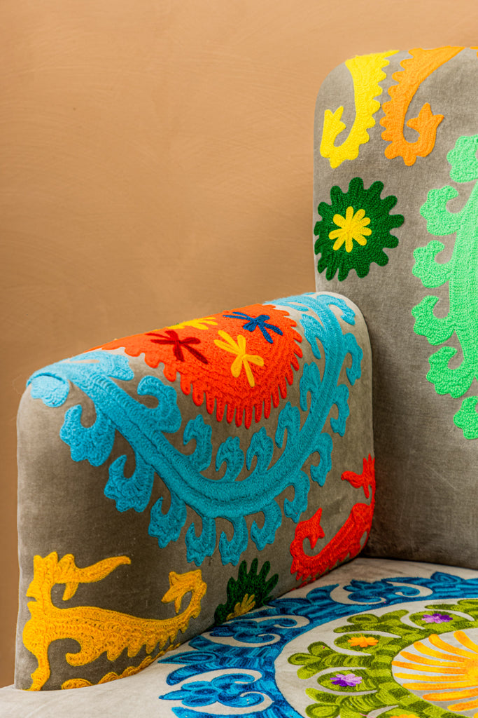 Multi Colour Embroidered Velvet Armchair