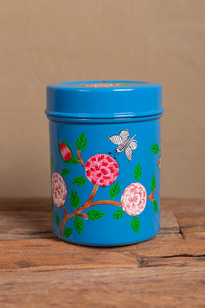 Hand Painted Floral Blue Stainless Steel Canister