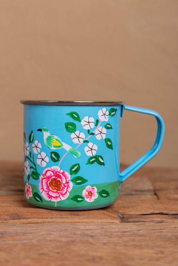 Hand Painted Sky Blue Floral Stainless Steel Mug
