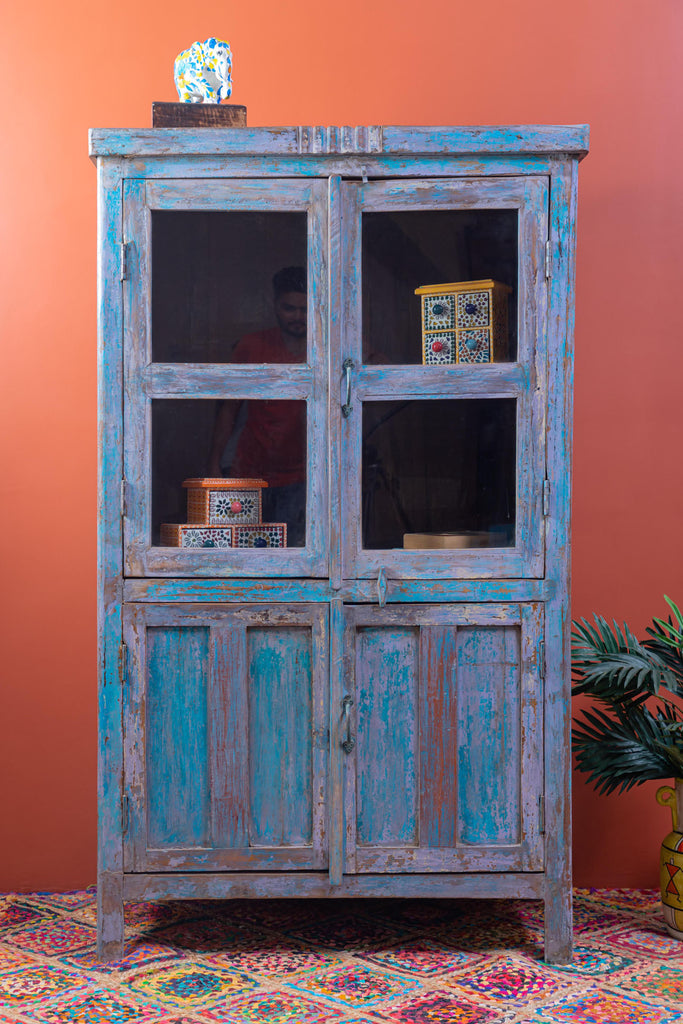 Blue Vintage Wooden Almirah with Showcase