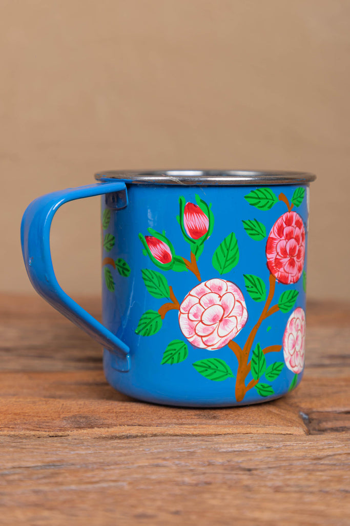 Hand Painted Blue Floral Stainless Steel Mug