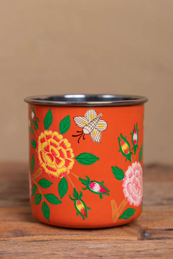 Hand Painted Red Floral Stainless Steel Mug