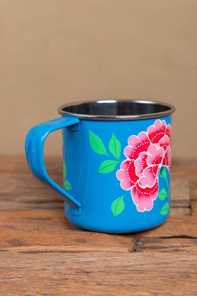 Hand Painted Smoke Blue Floral Stainless Steel Mug