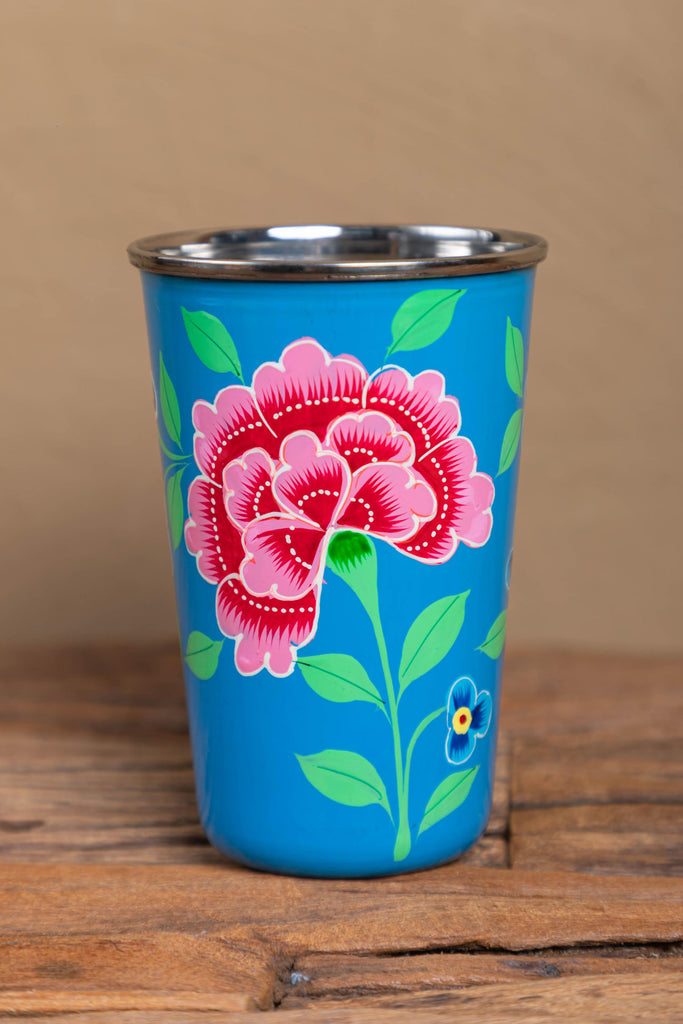 Hand Painted Smoke Blue Floral Stainless Steel Tumbler
