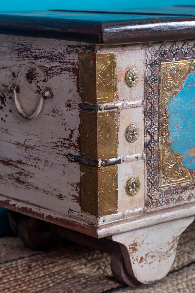 Reclaimed Wooden Blue Trunk with Brass Trim