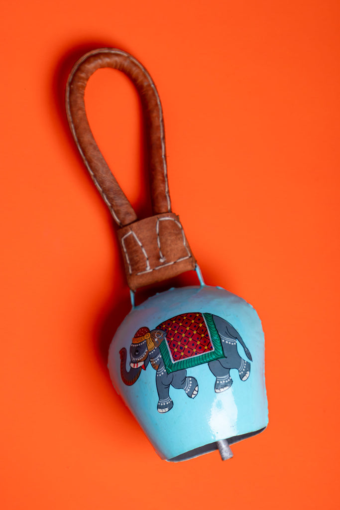 Turquoise Elephant Handpainted Cow Bell Hanging