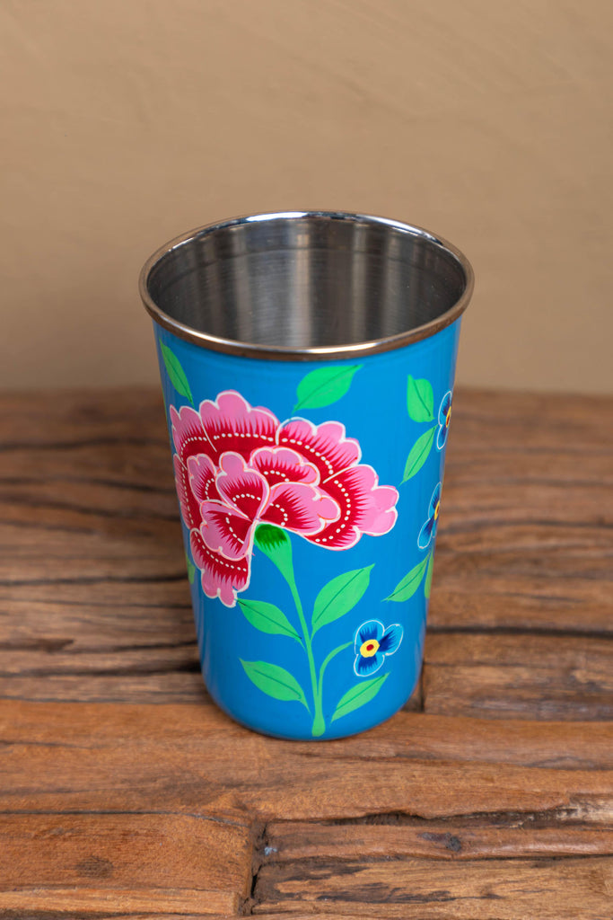 Hand Painted Smoke Blue Floral Stainless Steel Tumbler