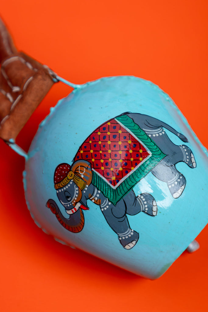 Turquoise Elephant Handpainted Cow Bell Hanging