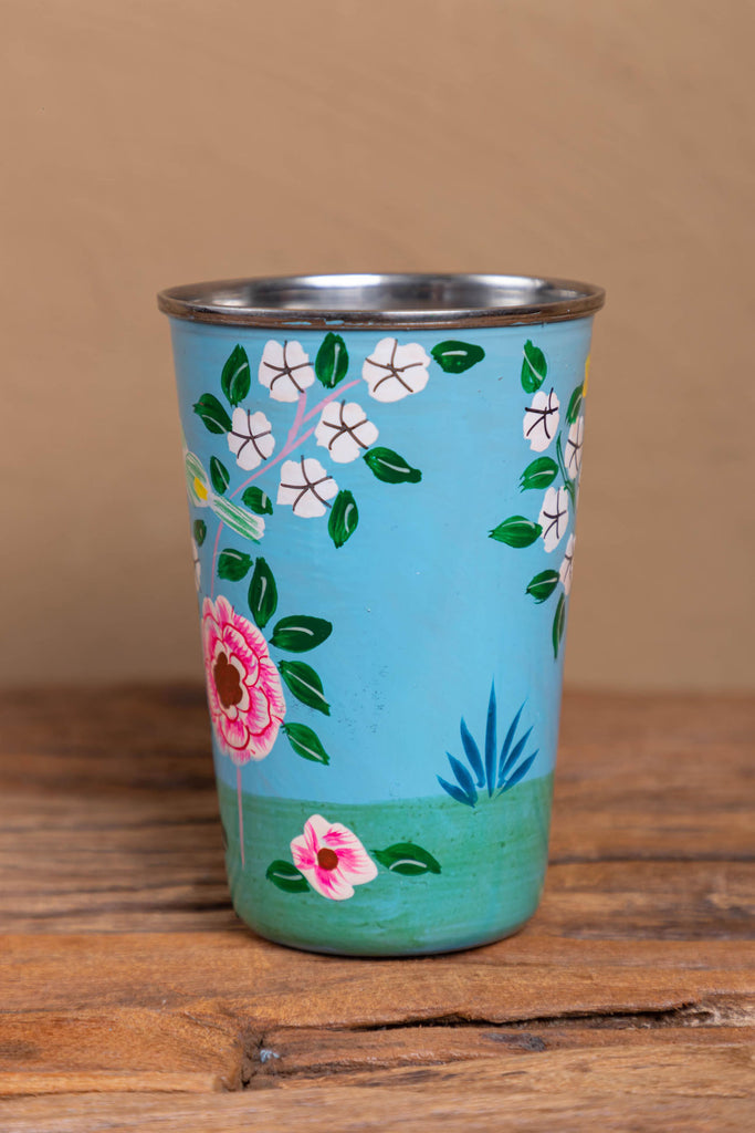 Hand Painted Sky Blue Floral Stainless Steel Tumbler