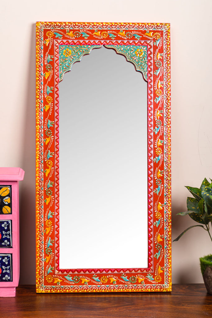 Red Arched Wooden Mirror with Antique Finish