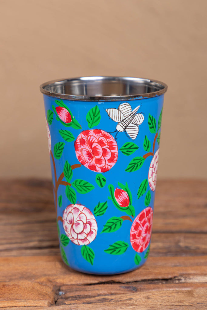 Hand Painted Blue Floral print Stainless Steel Tumbler