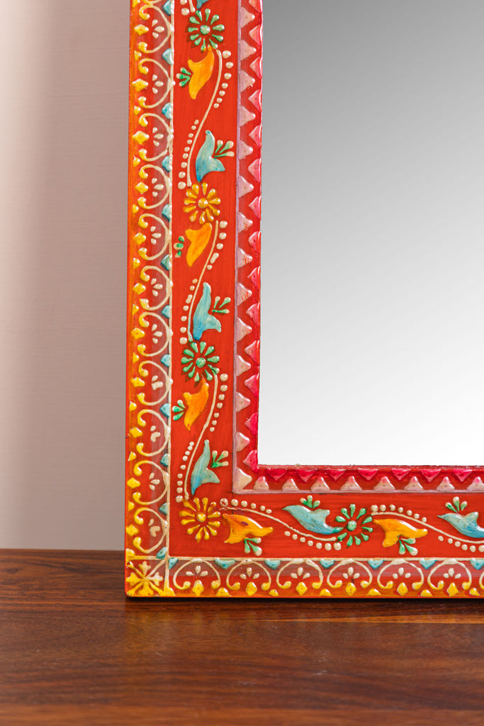 Red Arched Wooden Mirror with Antique Finish