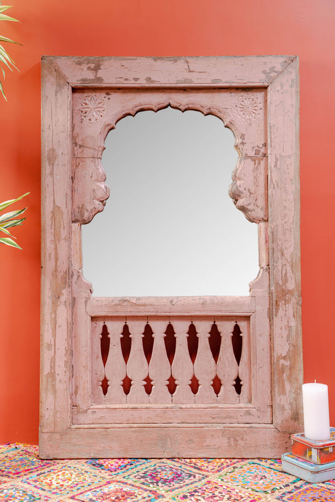 Vintage Soft Pink Arched Wooden Mirror with Pattern