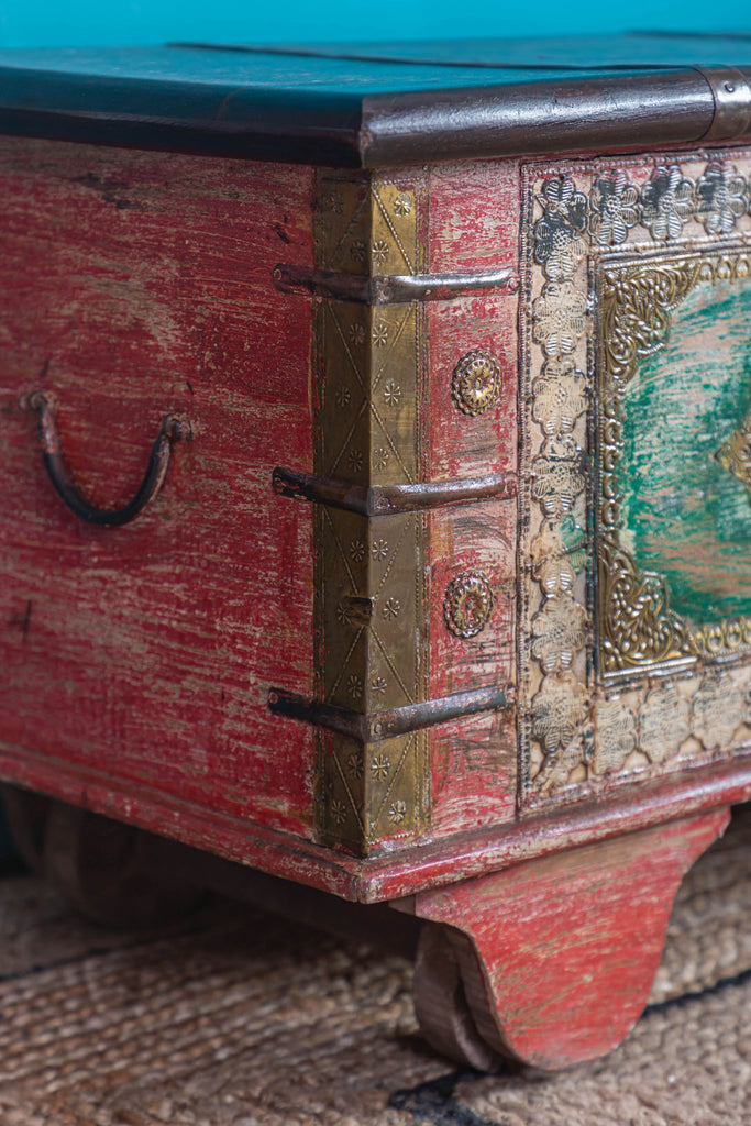 Reclaimed Wooden C-Green Trunk with Brass Trim
