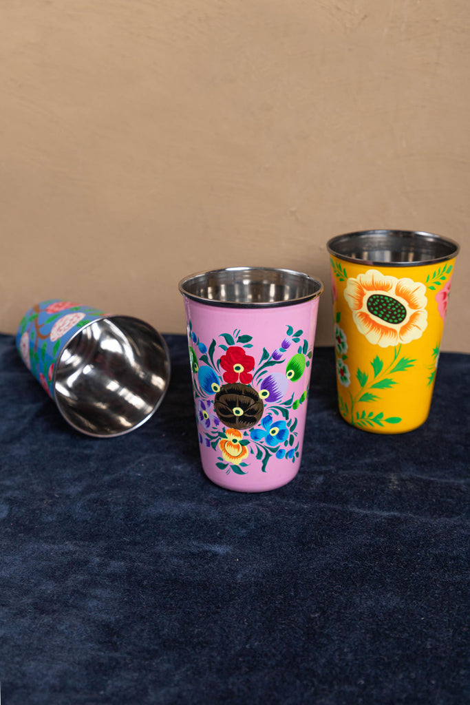 Hand Painted Pink Floral Stainless Steel Tumbler 