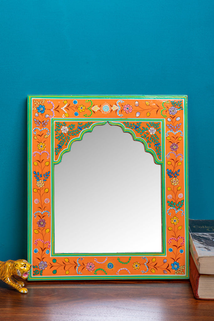 Orange Hand Painted Mandir Wooden Mirror